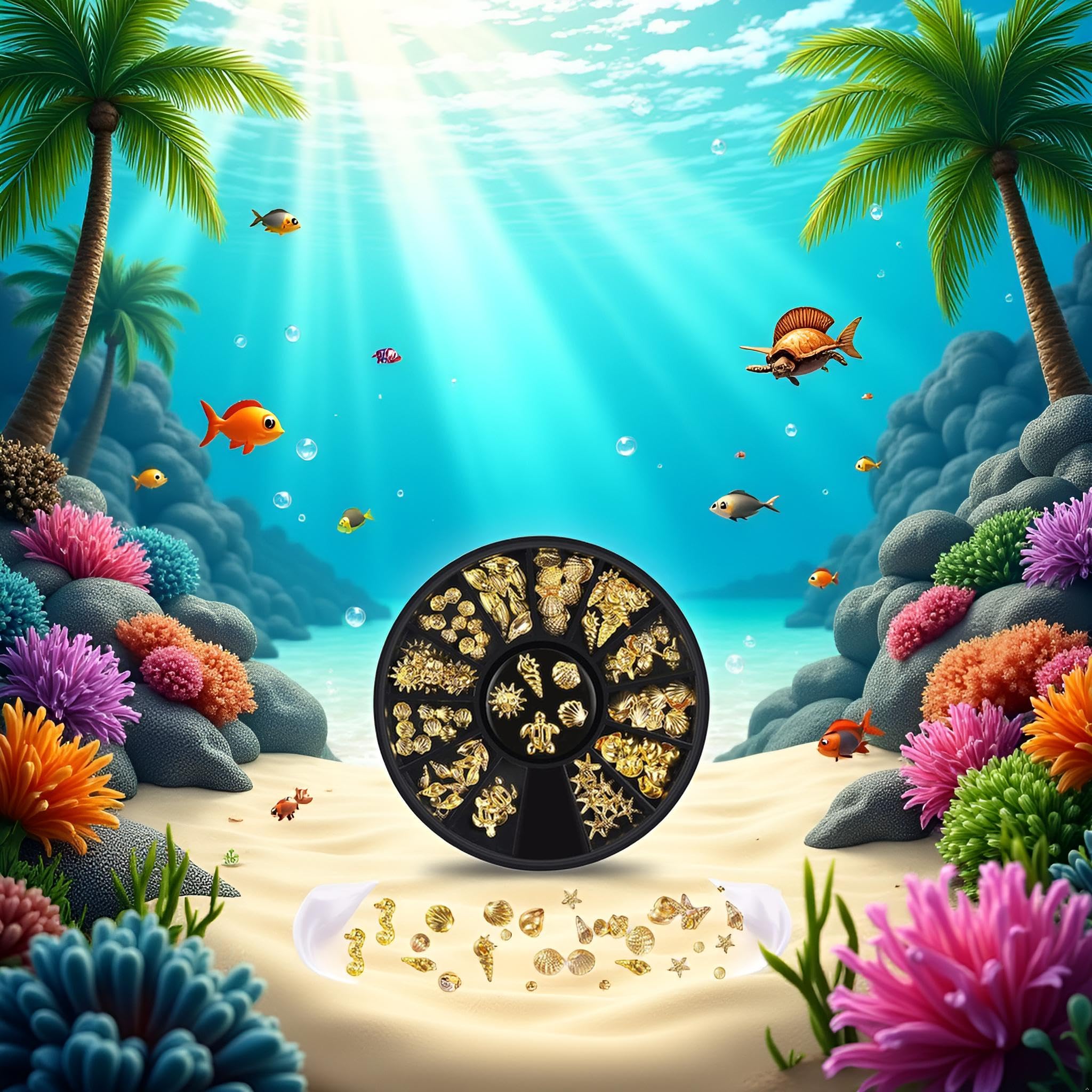 Assorted gold alloy marine life nail decorations showcased on extended acrylic nails.