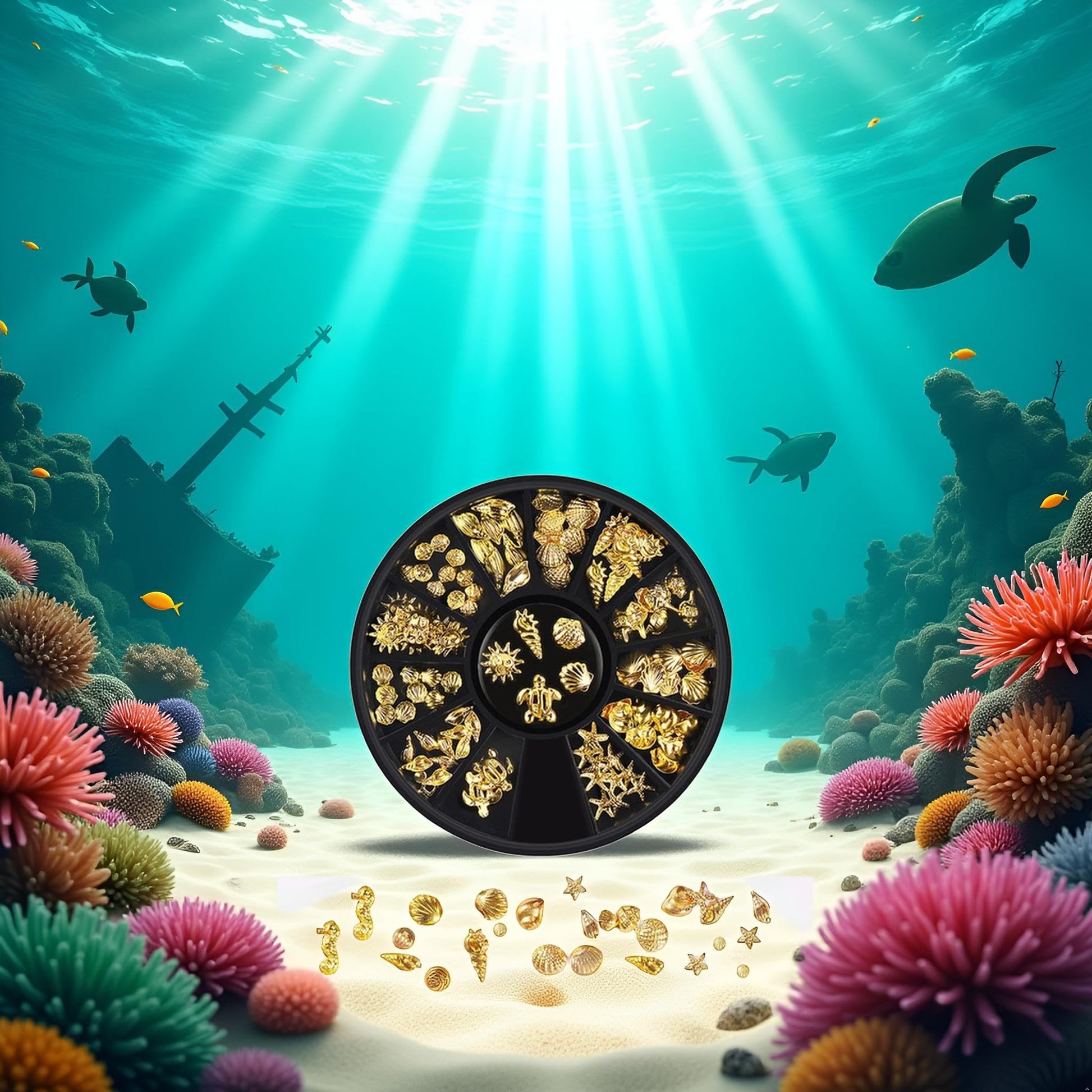 Twelve styles of tropical palm tree and seashell metal rivets organized in separate grids.