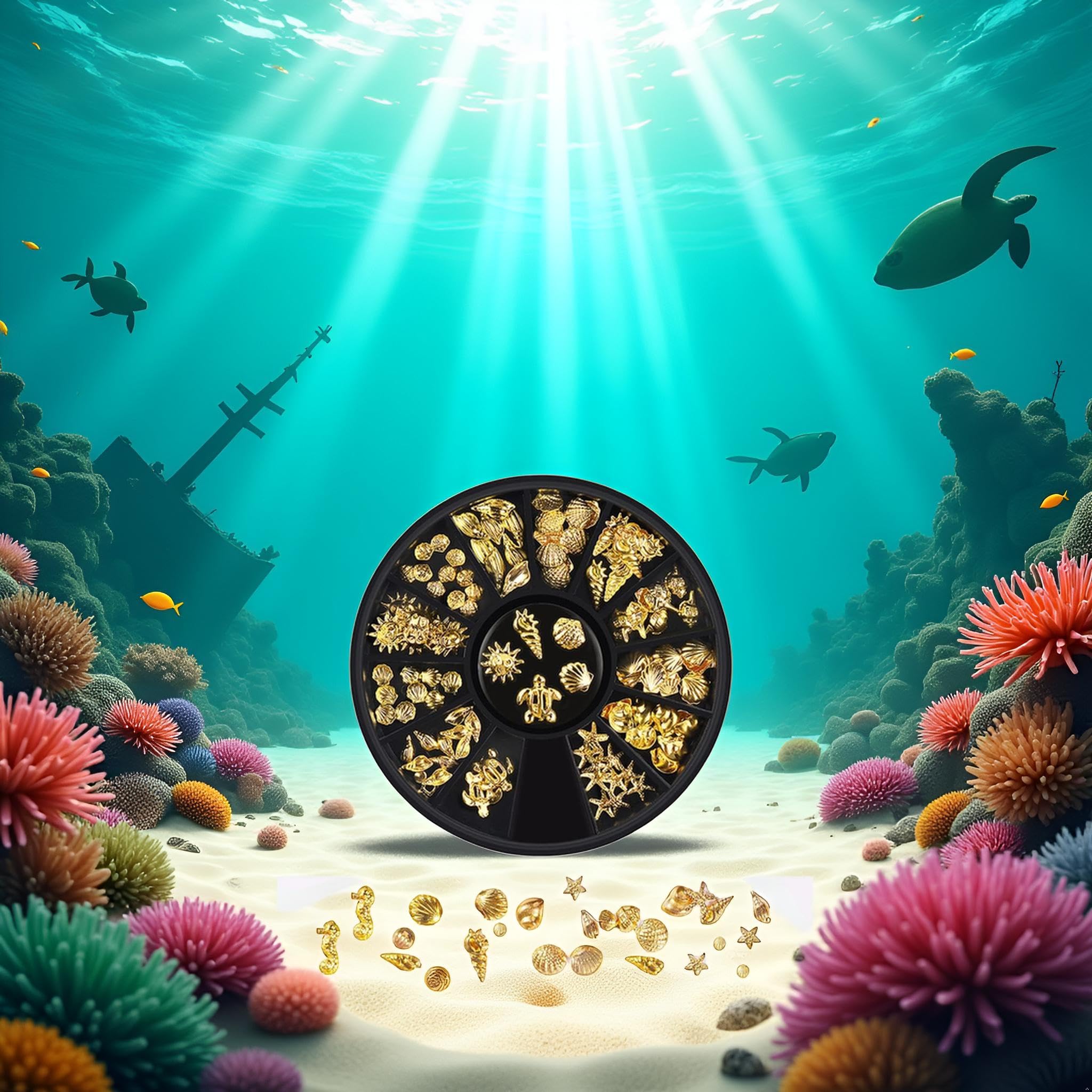 Twelve styles of tropical palm tree and seashell metal rivets organized in separate grids.