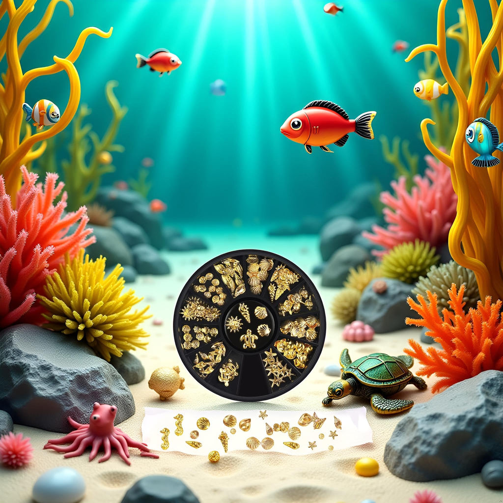 Angle view of gold metallic ocean charms highlighting their three dimensional texture.