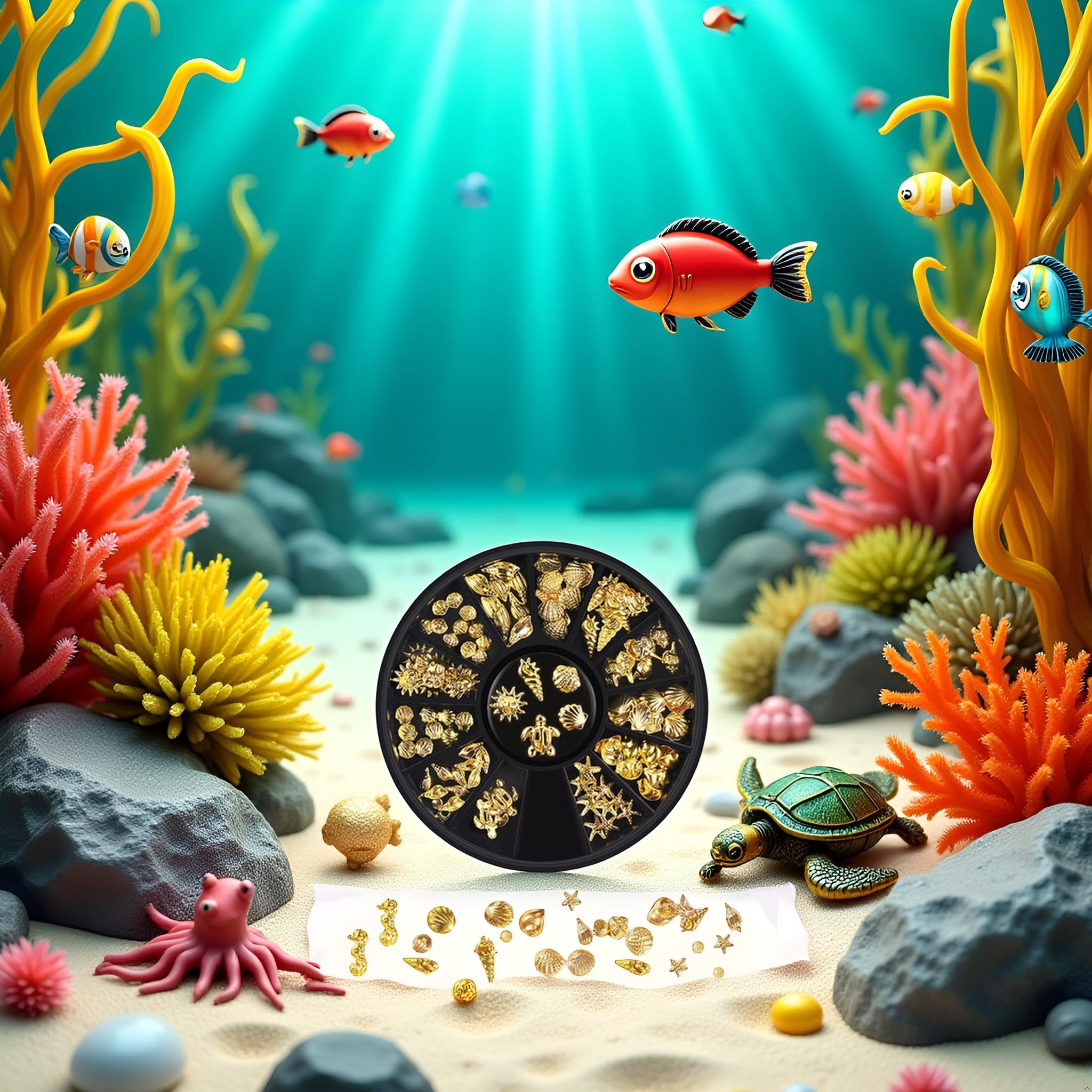 Detailed view of textured gold seahorse and geometric 3D pieces for DIY manicure decoration.