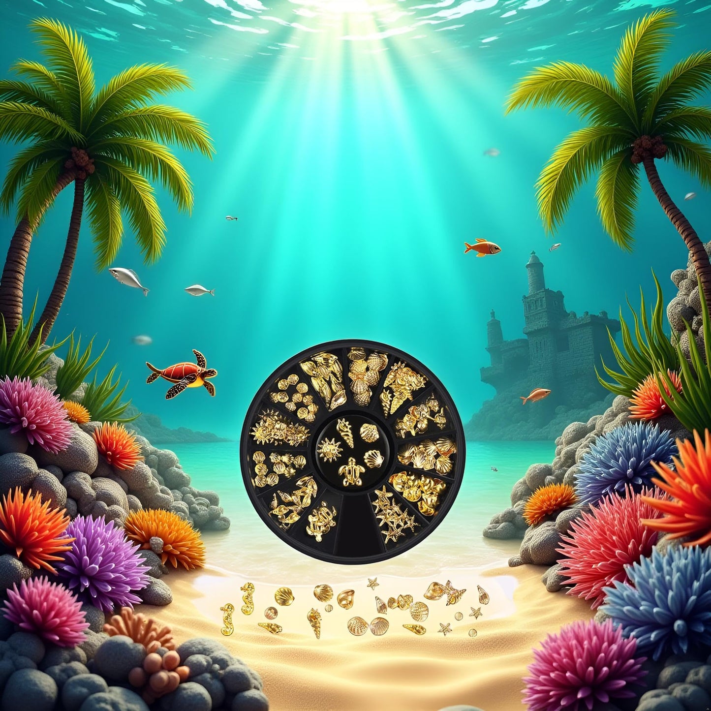 Dazzling gold marine life accents applied over ocean blue gel nail polish.