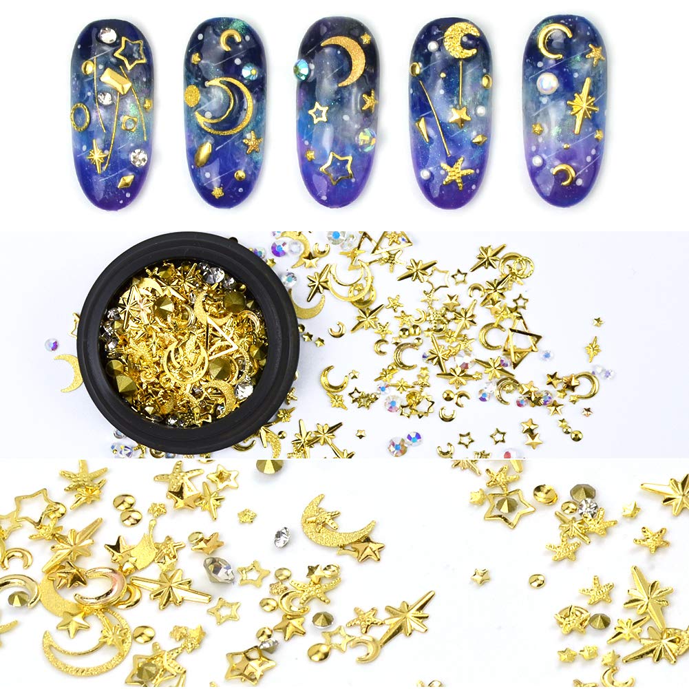 MEILINDS 3D nail art decoration showing mixed gold charms and artificial pearls in a storage box