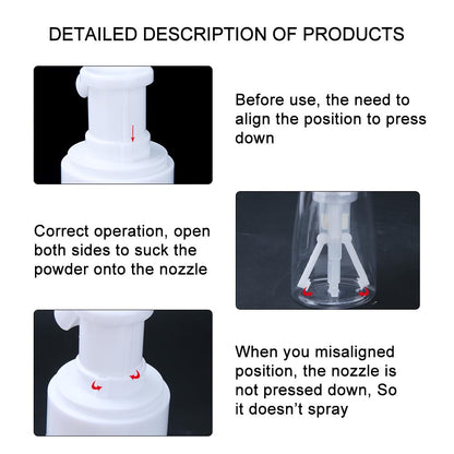 Generic barber talcum powder dispenser bottle disassembled showing interior tube mechanism