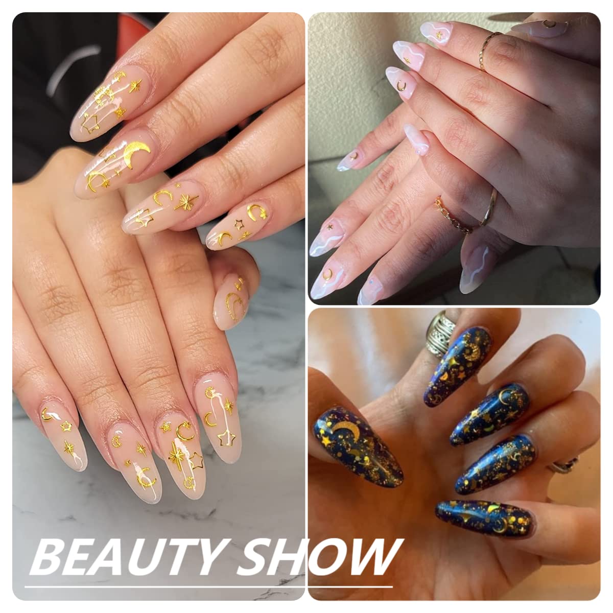 Close up view of celestial gold moon and star metal rivets for manicures