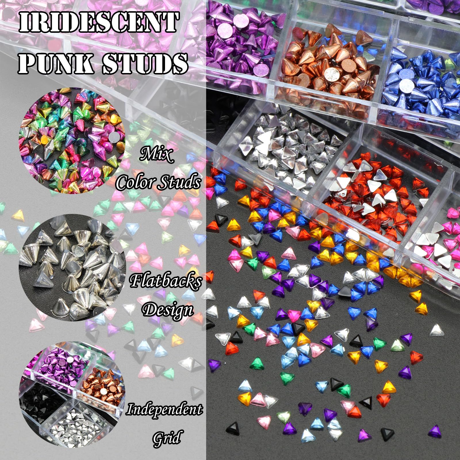 Close up look of mixed color cone metallic spikes for gothic nail art designs.