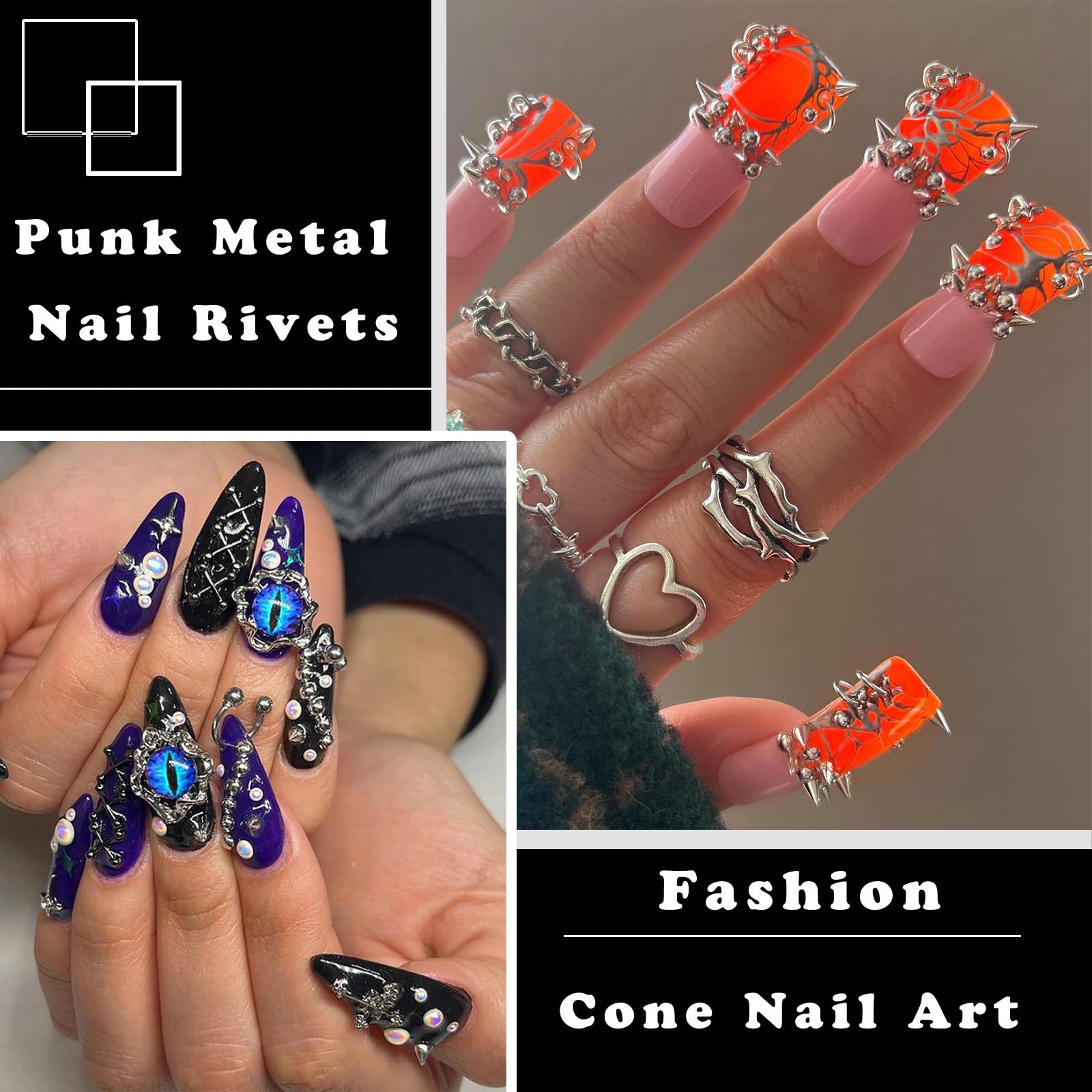Triangular rhinestone nail studs arranged inside an organized storage container.