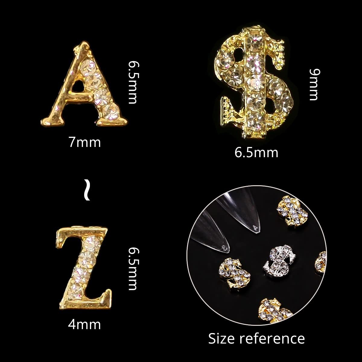 Close up view of 3D capital letter rhinestone nail embellishments in shimmering gold tone metal.