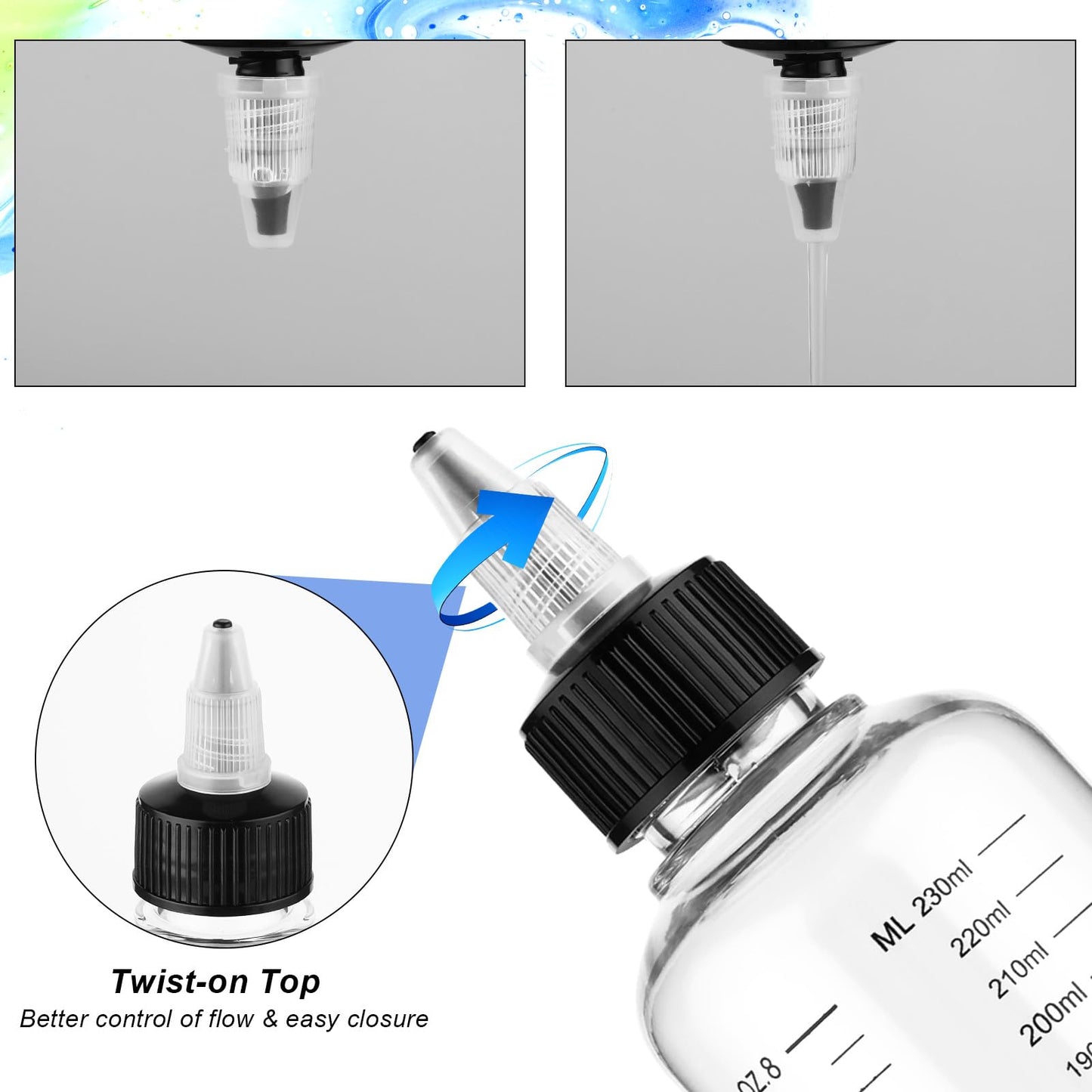 Clear transparent empty plastic dispenser showing fluid ounce and milliliter graduation lines