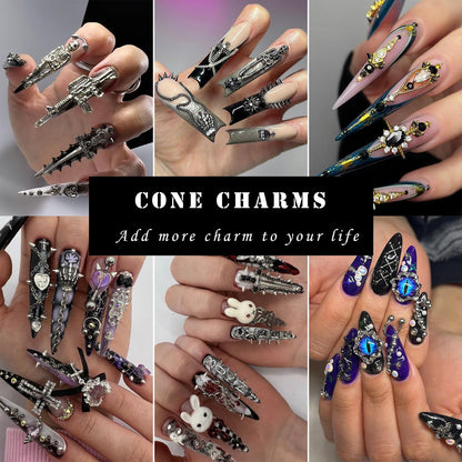 Alternative fashion DIY craft application using metallic cone spikes on leather material.