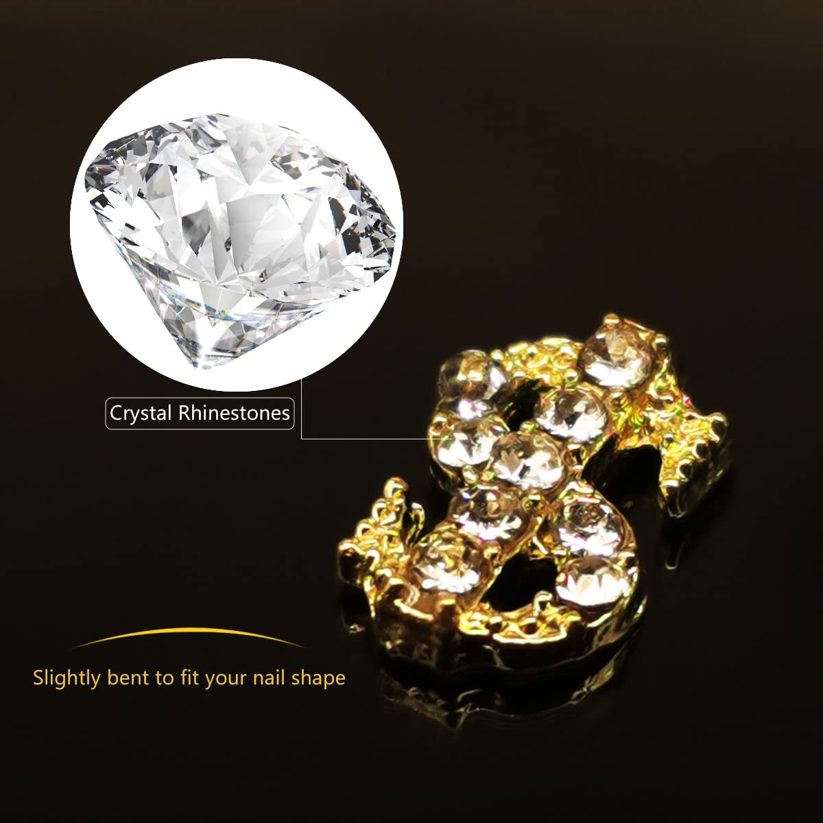 Glamorous acrylic manicures decorated with golden capital letter initial studs and money sign charms.