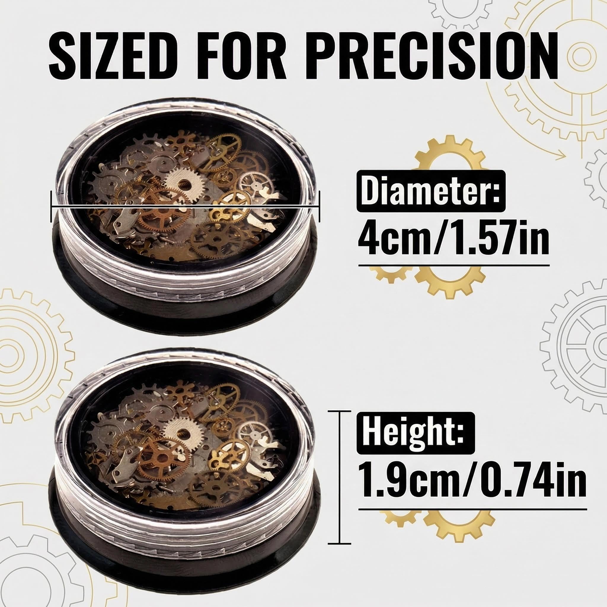Close up view of ultra thin retro clock cogs and gold metal wheel studs for detailed manicure styling