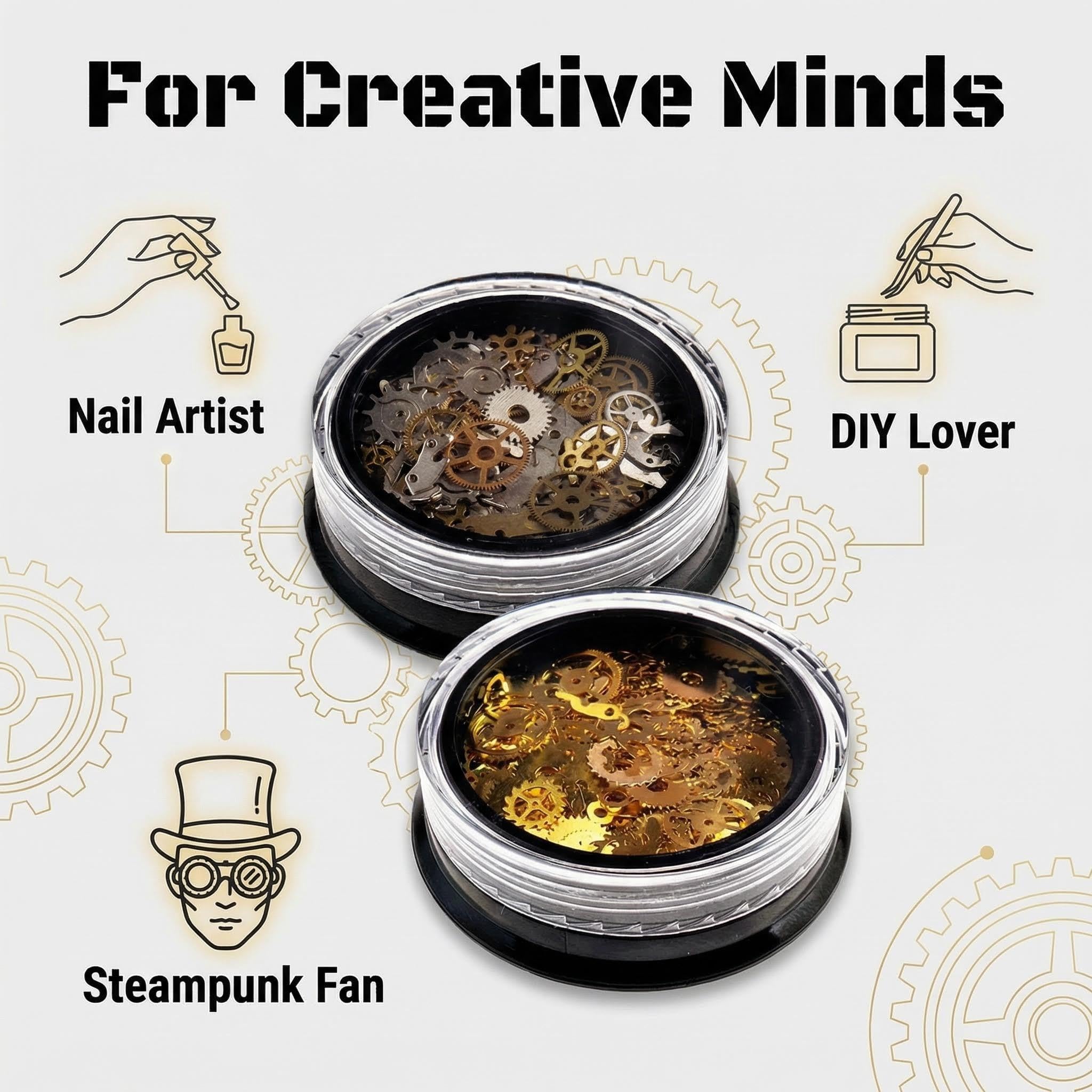 Assorted mixed pattern alloy mechanical components arranged neatly to demonstrate size and variety