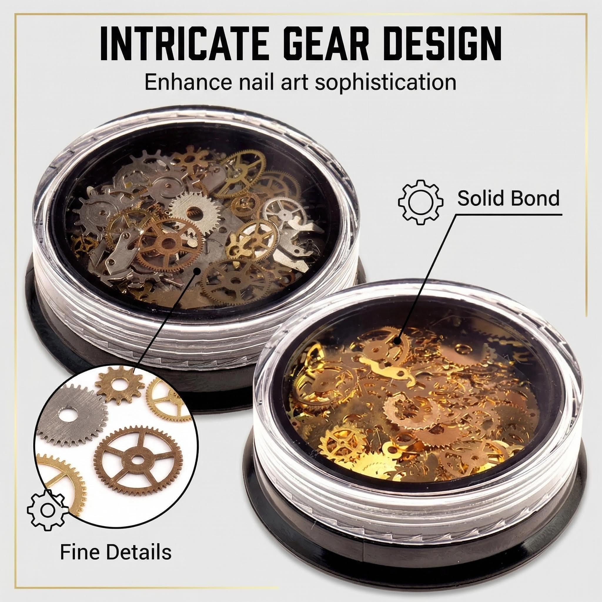 Detailed application showcase of 3D metallic punk style gear accents placed beautifully on long manicured acrylic nails