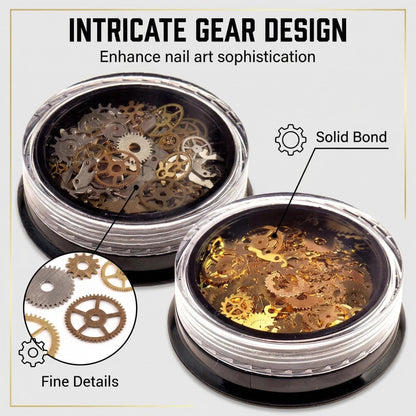 Detailed application showcase of 3D metallic punk style gear accents placed beautifully on long manicured acrylic nails