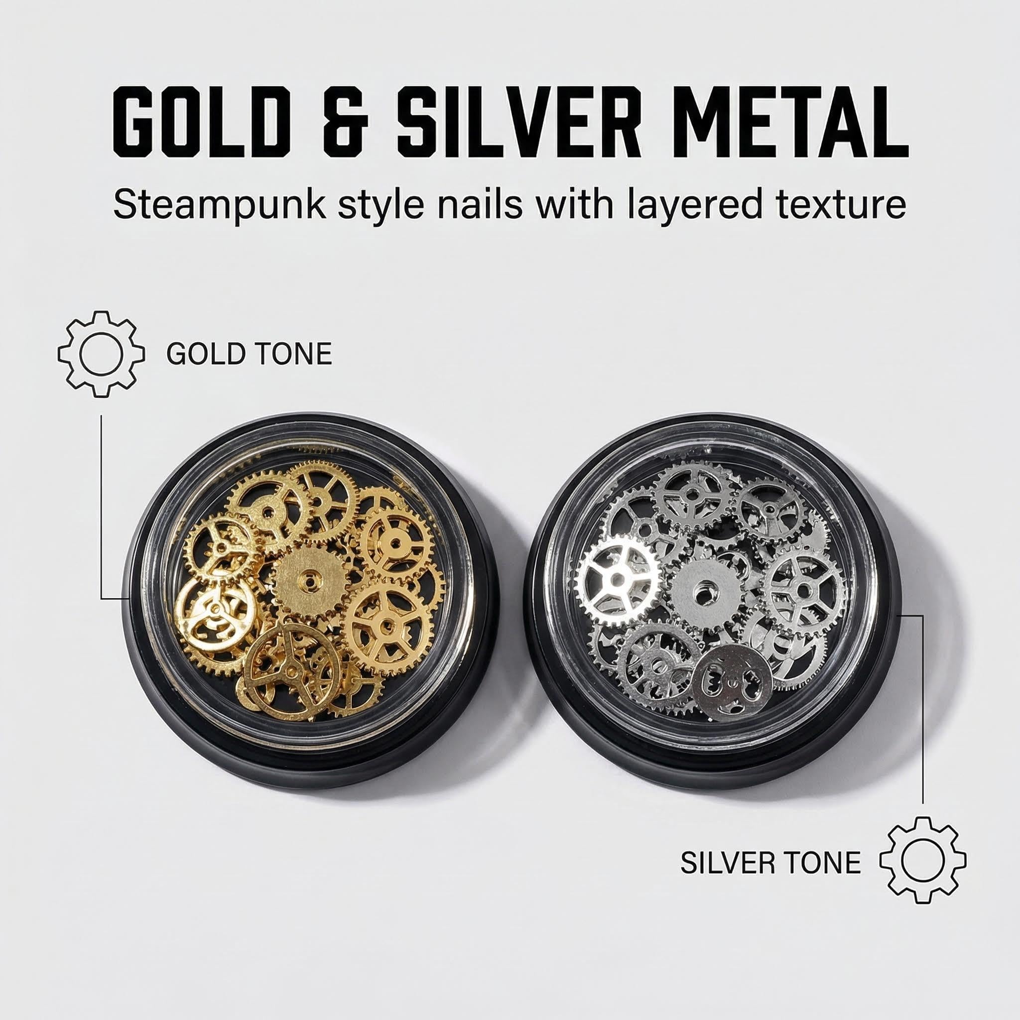 Two containers filled with gold and bronze tone miniature watch wheel charms for DIY crafting and resin projects