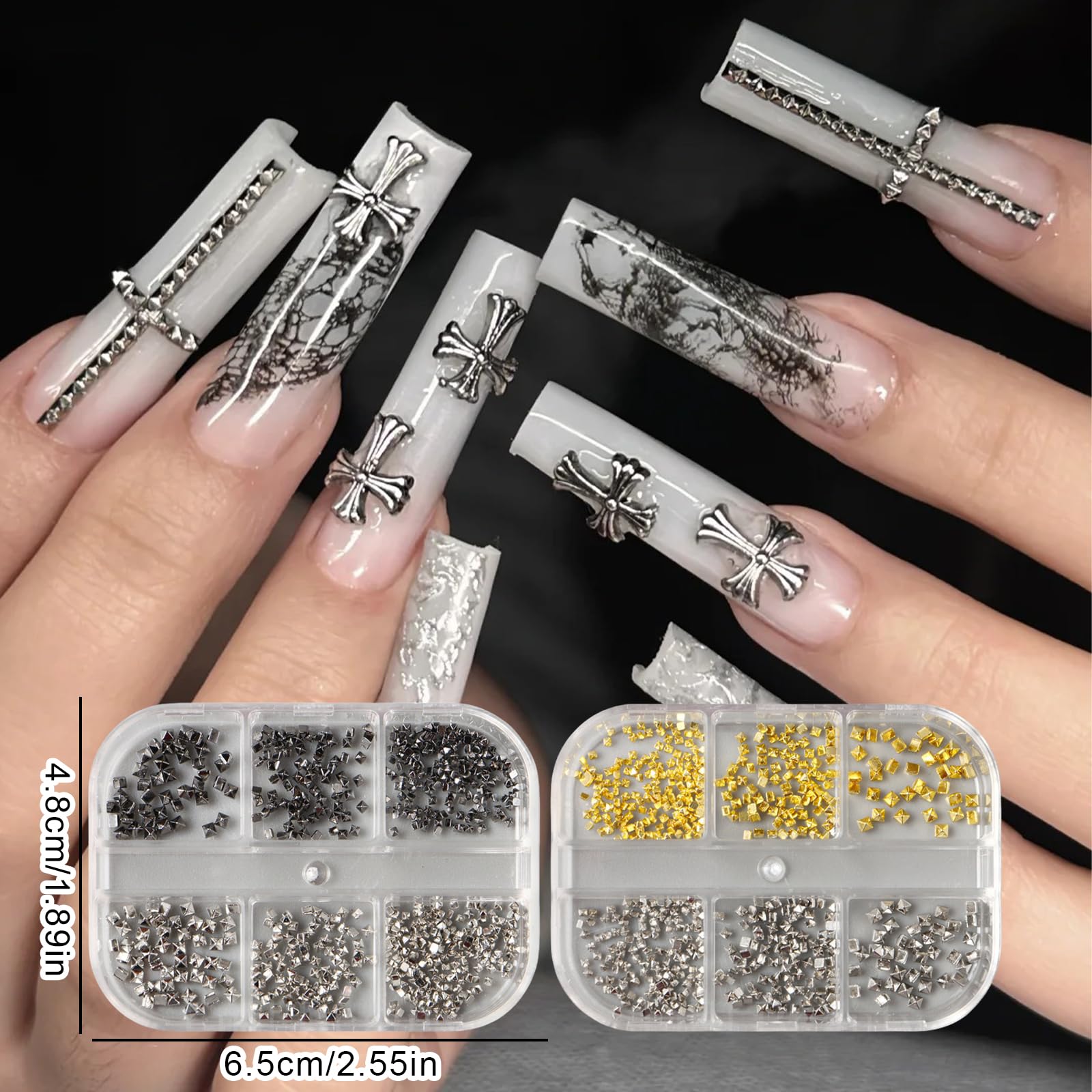 Close up of square metallic rivet nail charms in storage case