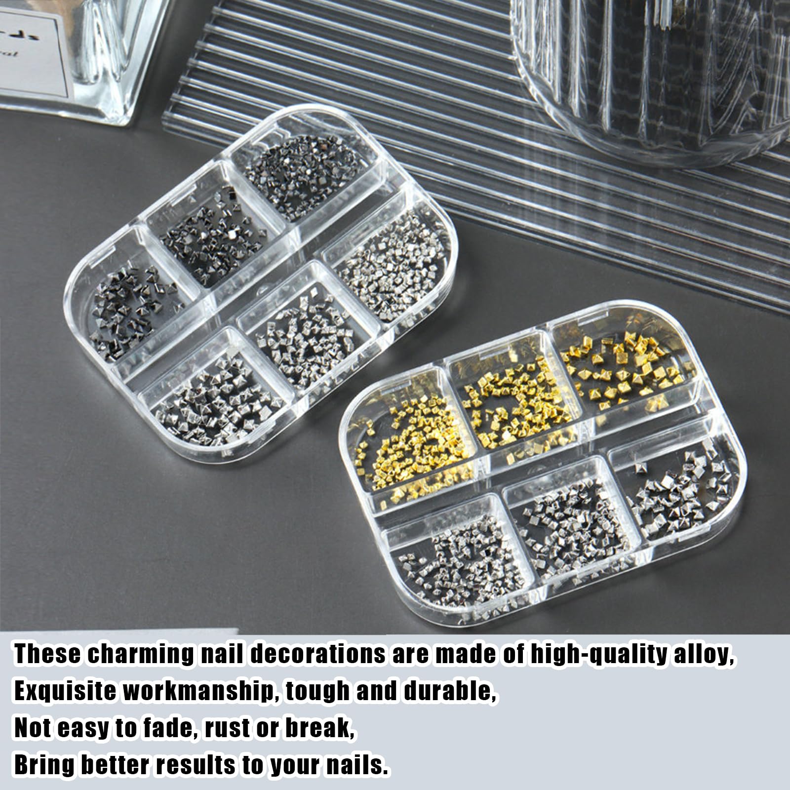 Gold silver and gunmetal punk nail studs for manicure