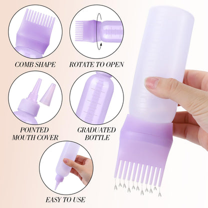 Scalp massage comb and root oiling bottle shown from a side view angle