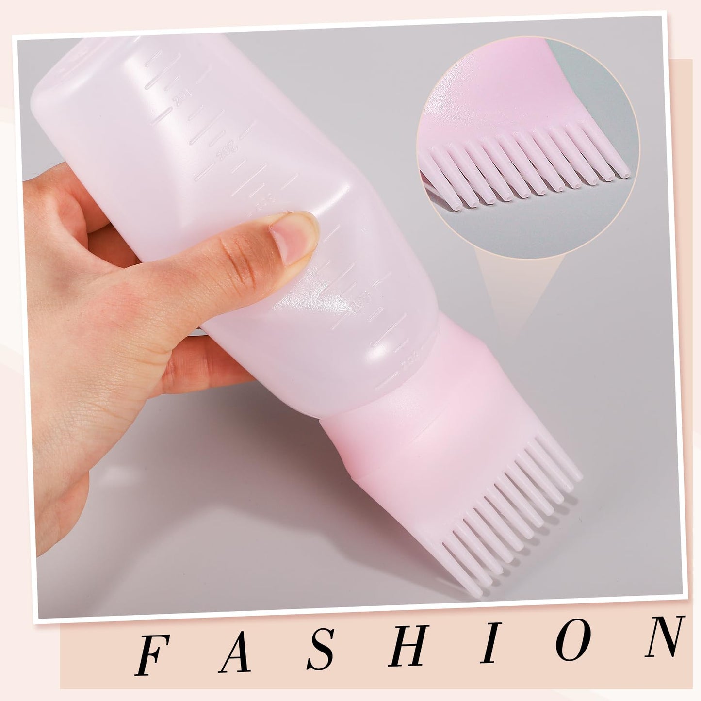 Side view of the six ounce graduated scale lines on the Pimoys hair dye applicator bottle.