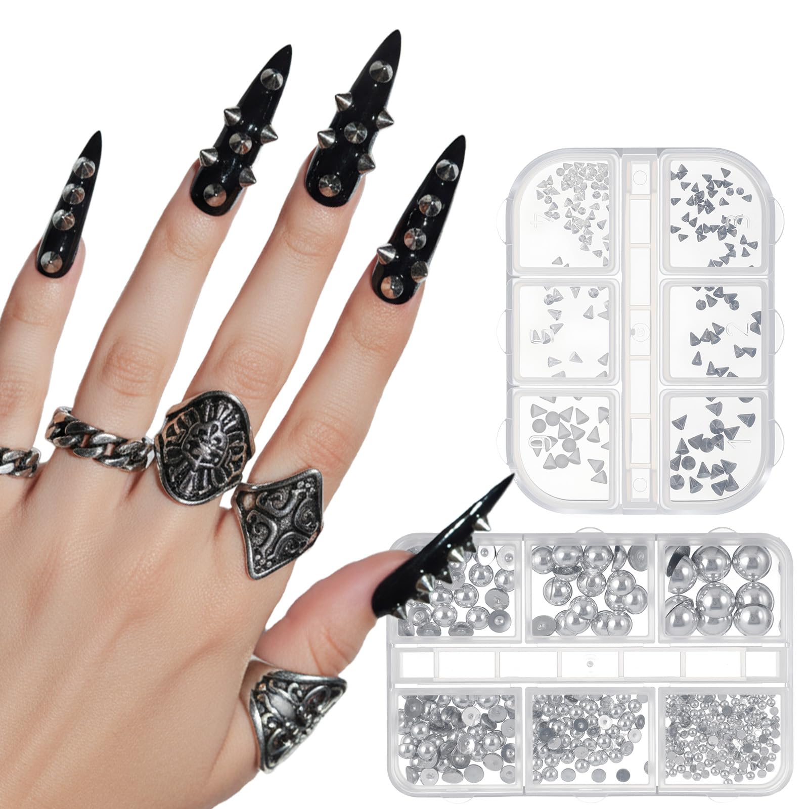 Close up of mixed size alloy rivets for gothic nail art