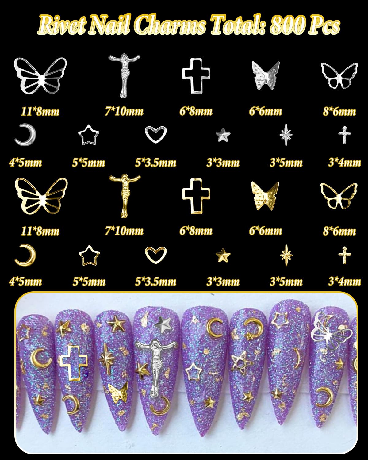 Detailed close up of gold and silver butterfly and cross nail studs for 3D manicure decoration.