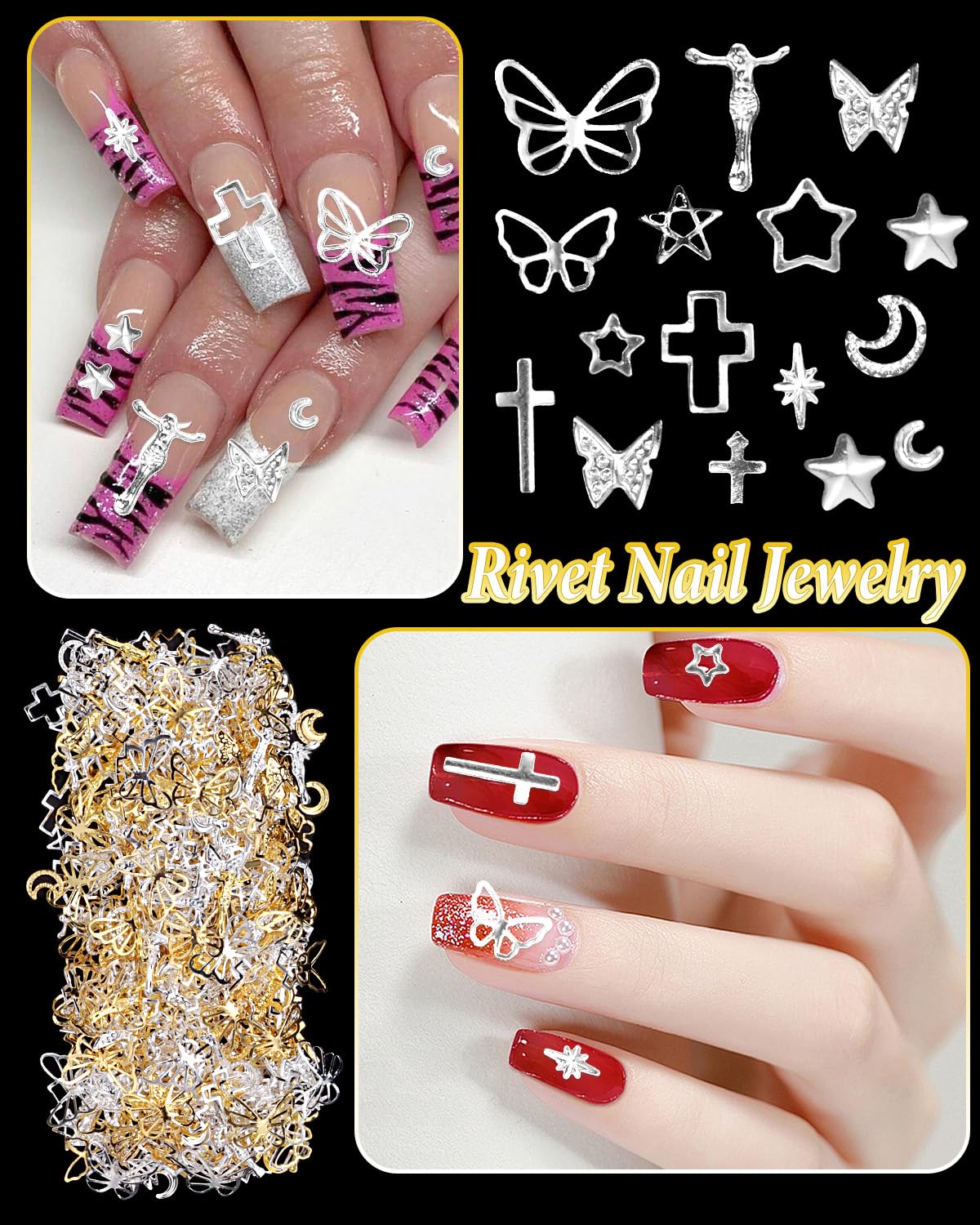 Assorted heart and pentagram shape alloy metal jewelry accessories for creative DIY nail art.
