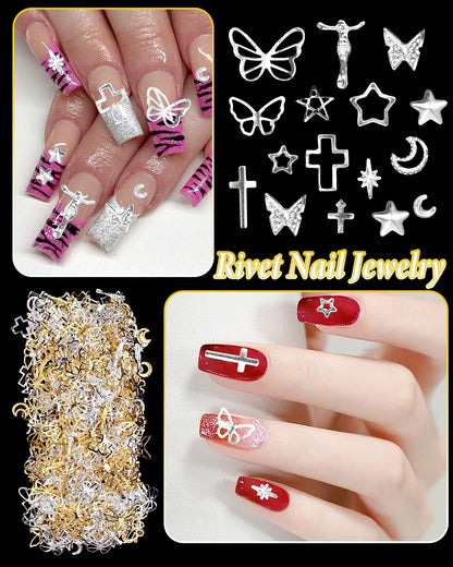Assorted heart and pentagram shape alloy metal jewelry accessories for creative DIY nail art.
