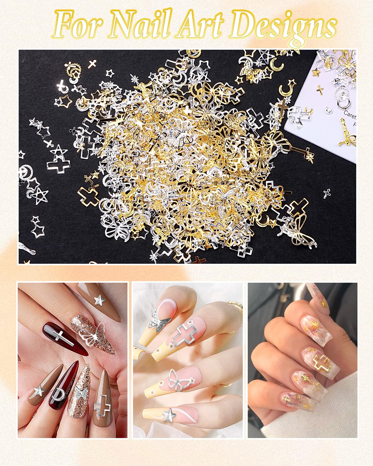 Creative display showing the multi-shape Y2K style metallic studs applied onto a finished manicure.