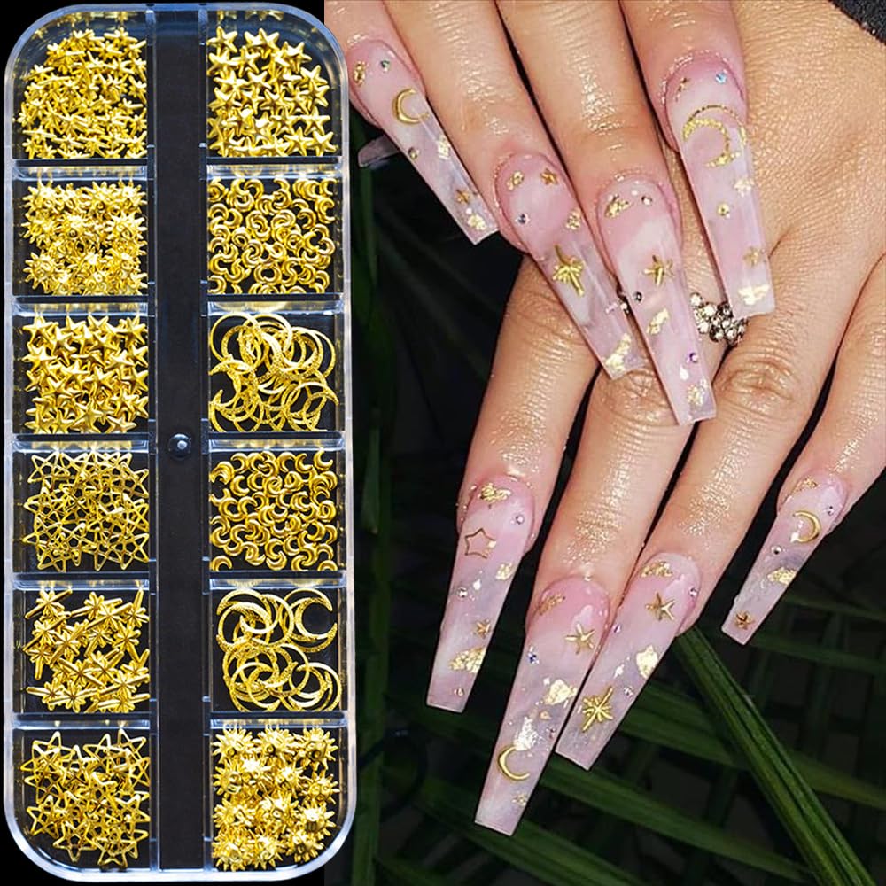 Demonstration of applying flatback gold metal nail jewelry onto an artificial acrylic nail tip.
