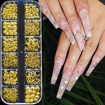 Demonstration of applying flatback gold metal nail jewelry onto an artificial acrylic nail tip.
