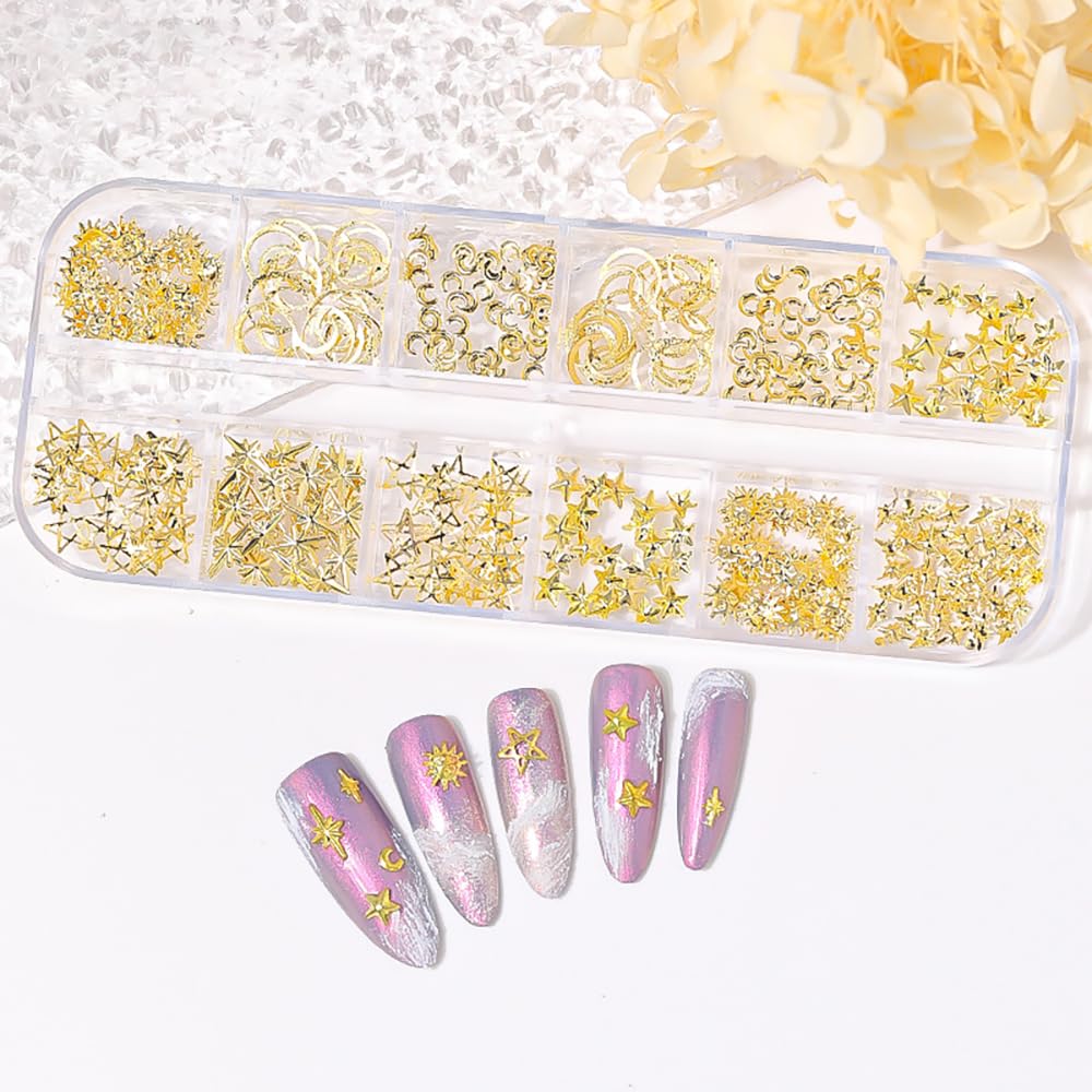 Packaging dimensions and layout of the Jaliya 12 grids box metal rivets nail art kit.