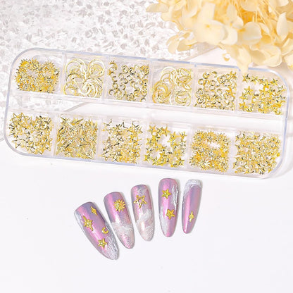 Packaging dimensions and layout of the Jaliya 12 grids box metal rivets nail art kit.