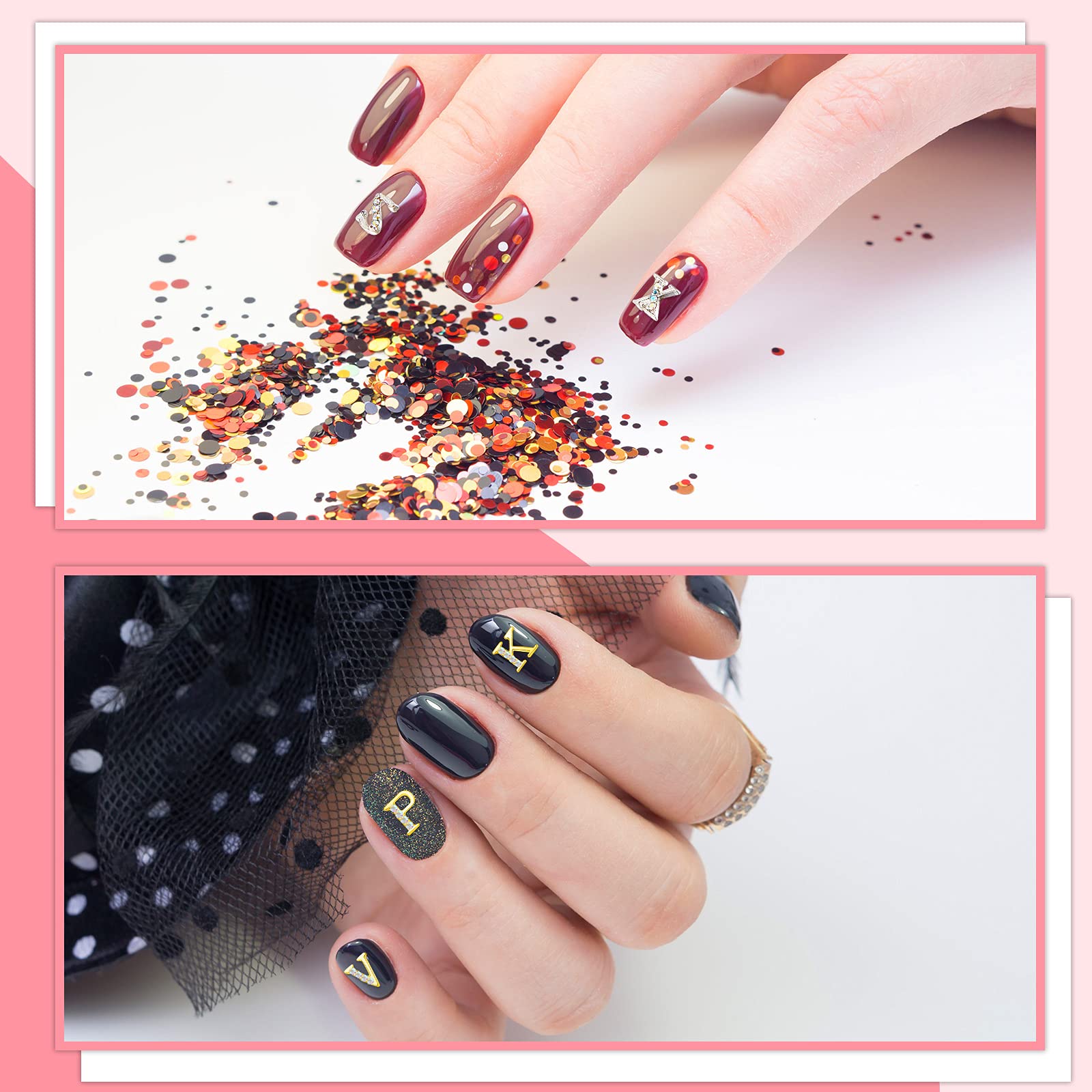 Maitys alphabet nail charms applied on vibrant orange and purple manicured nails demonstrating everyday wear.