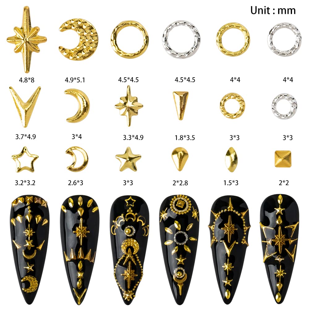 HNUIX 3D metallic celestial rivets close up view displaying assorted gold and silver geometric shapes for nail art
