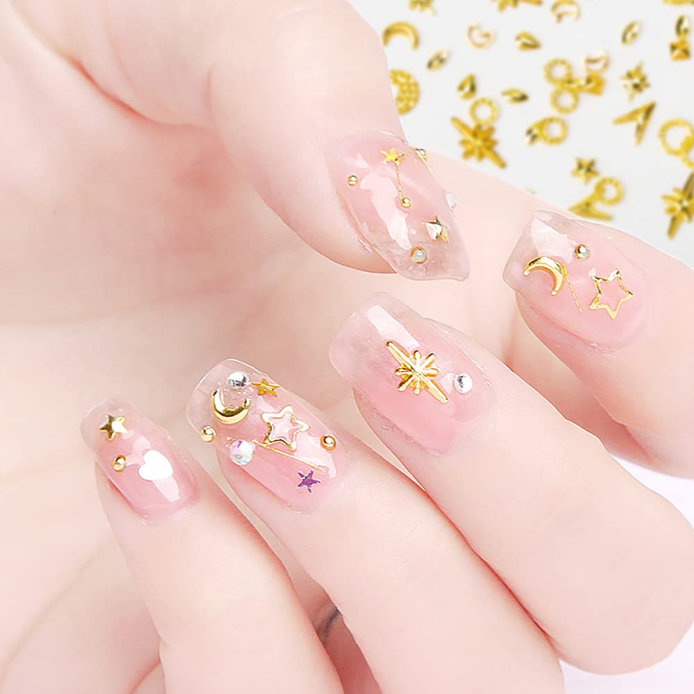 HNUIX manicure embellishments showing the multi size variety of gold and silver metallic accents for nail styling