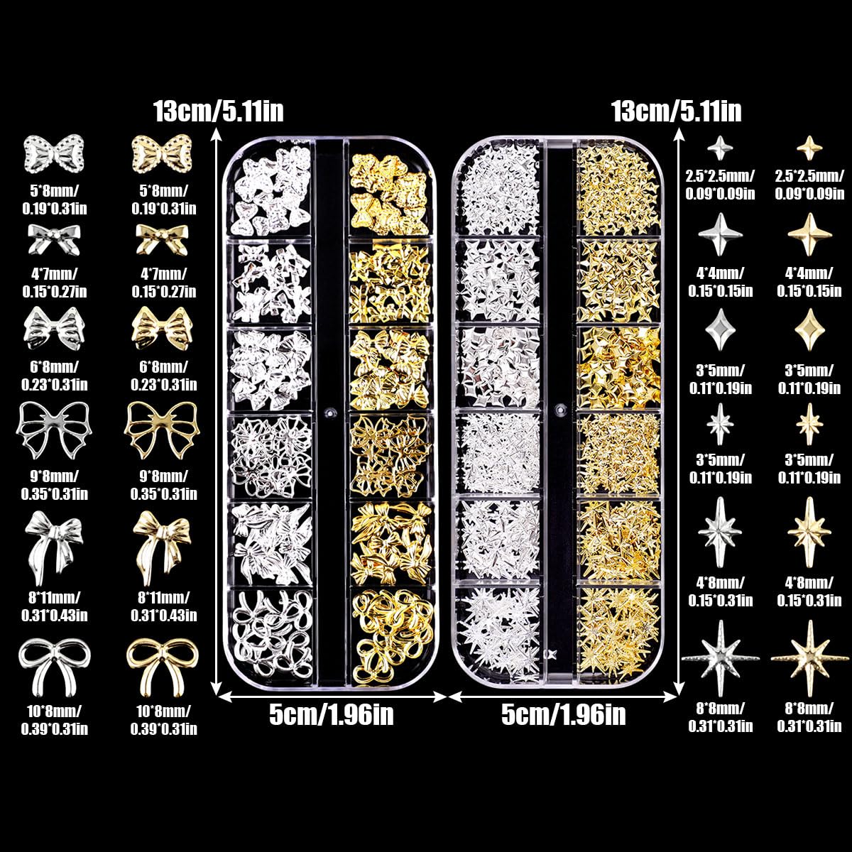 Close up of gold and silver alloy star and bow nail art decorations showing intricate metallic details and smooth flatback edges.