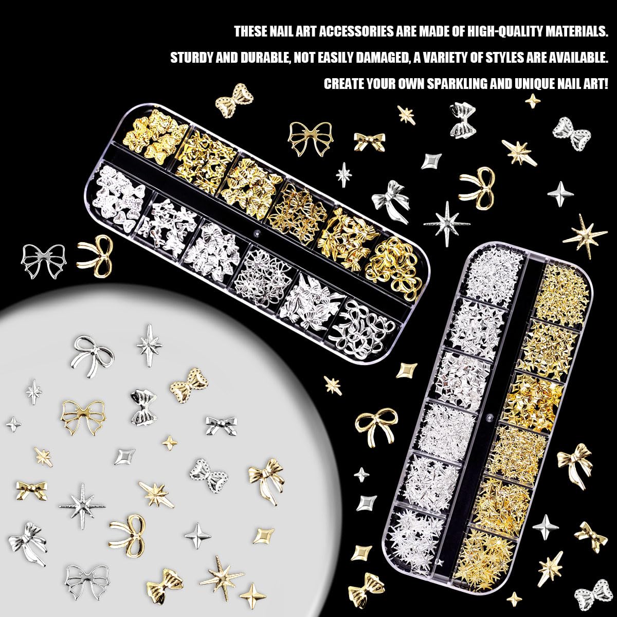 Manicure model displaying long acrylic gel nails accessorized with punk style metallic cross and bow charms.