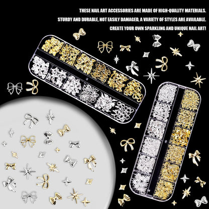 Manicure model displaying long acrylic gel nails accessorized with punk style metallic cross and bow charms.
