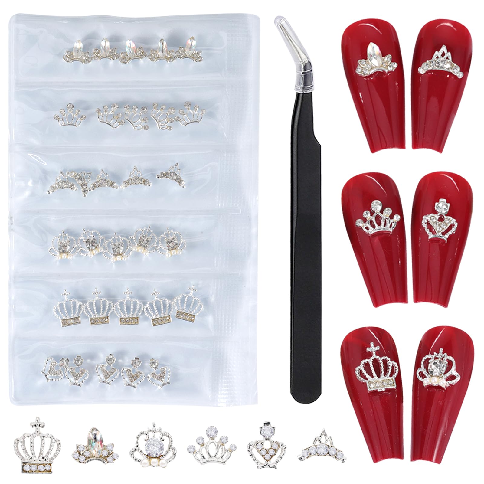 Close up view of silver crown nail studs with clear crystals applied on acrylic manicure.