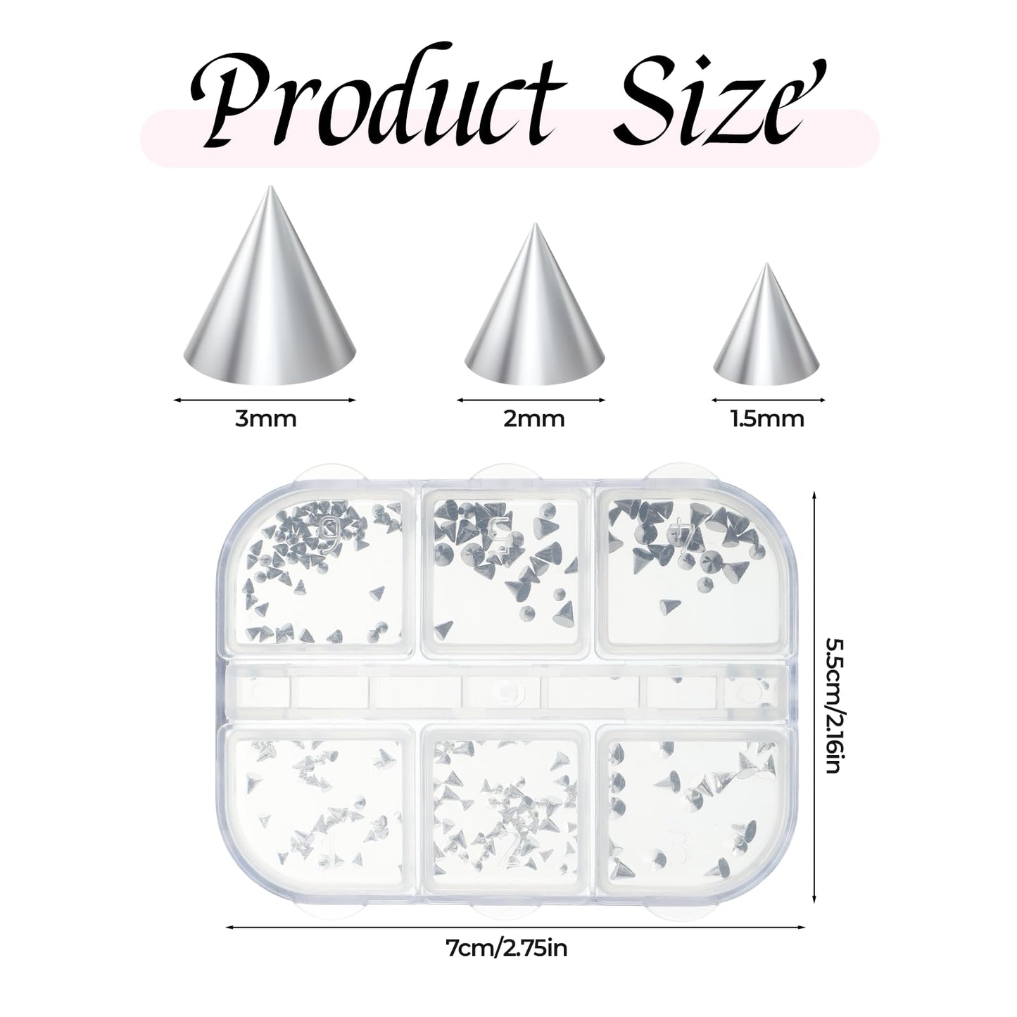6 grids of assorted silver and black punk nail spikes