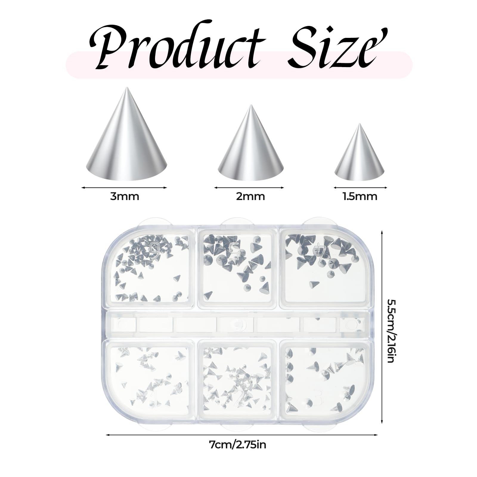 6 grids of assorted silver and black punk nail spikes