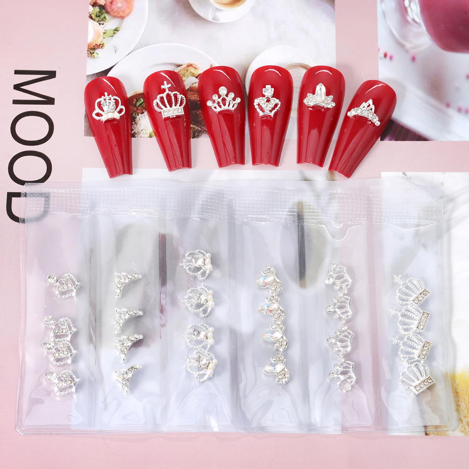 Premium clear crystal rhinestones embedded in silver crown metal studs for luxury body art.