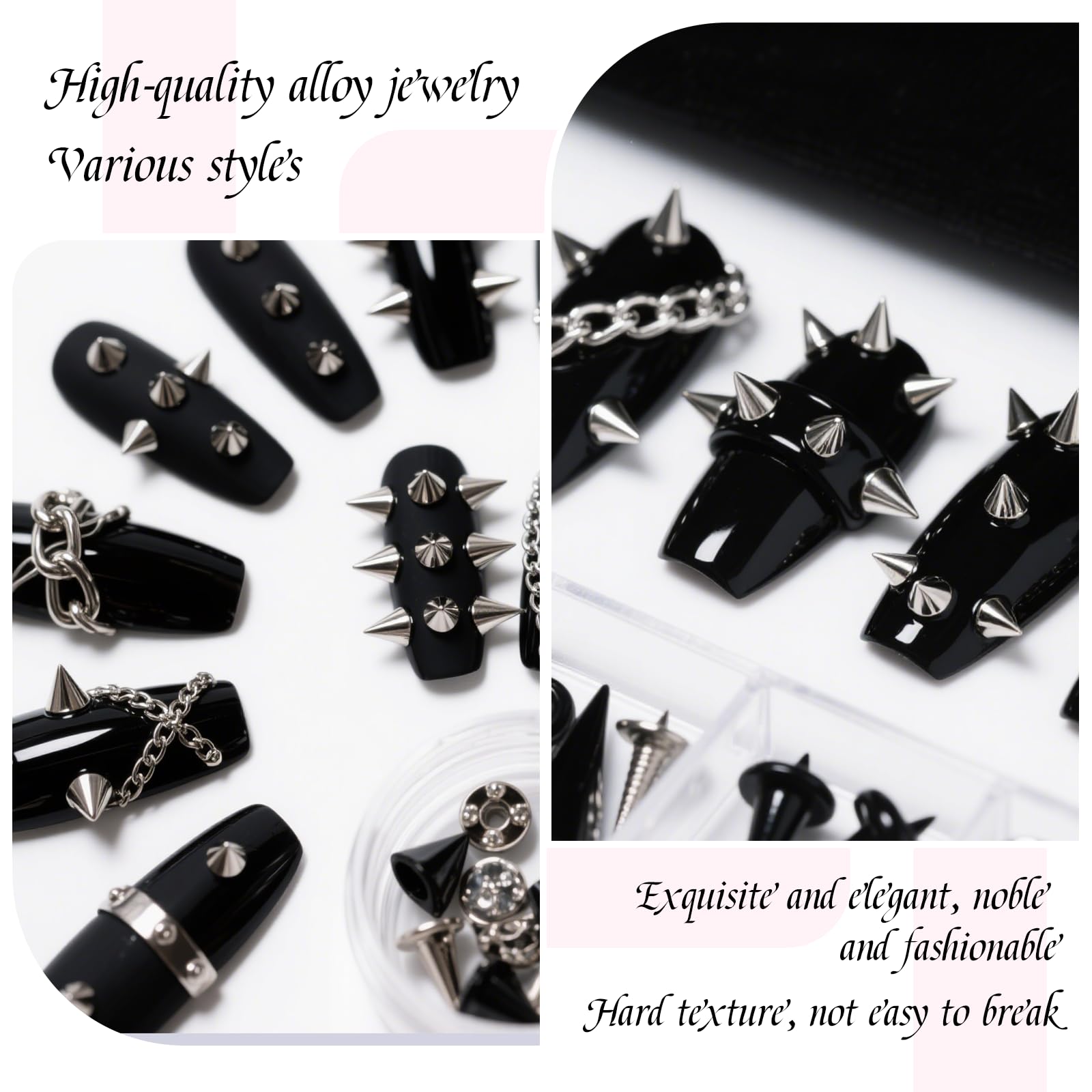 Close up of alloy cone spikes and rivets for nails