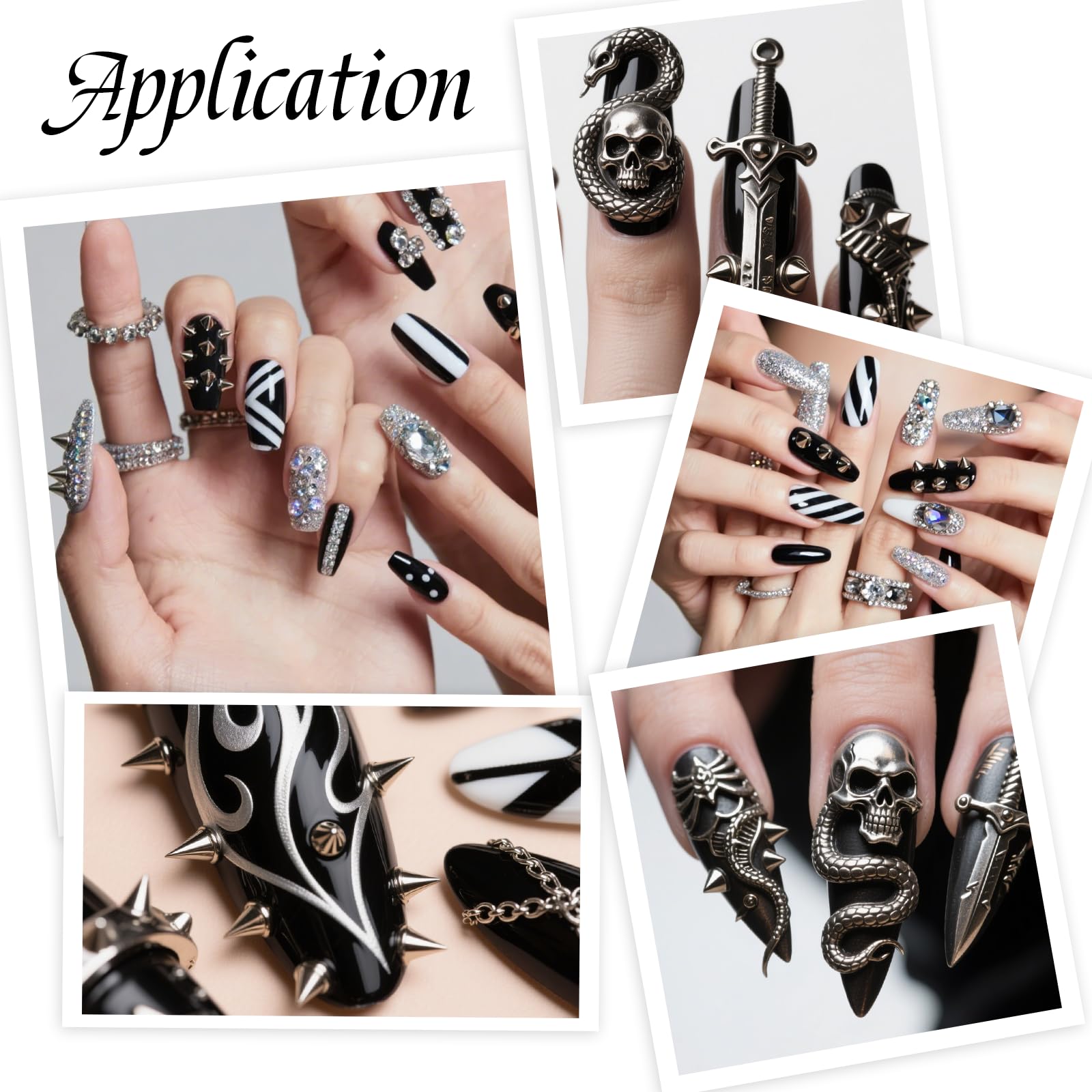 Gothic style DIY nail art decorations silver and black