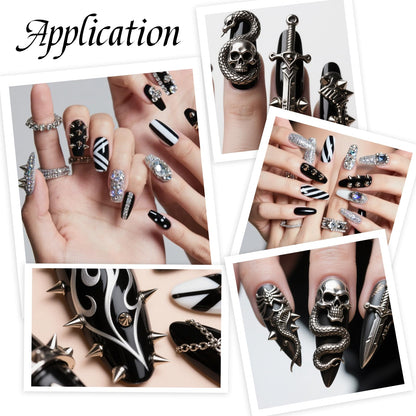 Gothic style DIY nail art decorations silver and black