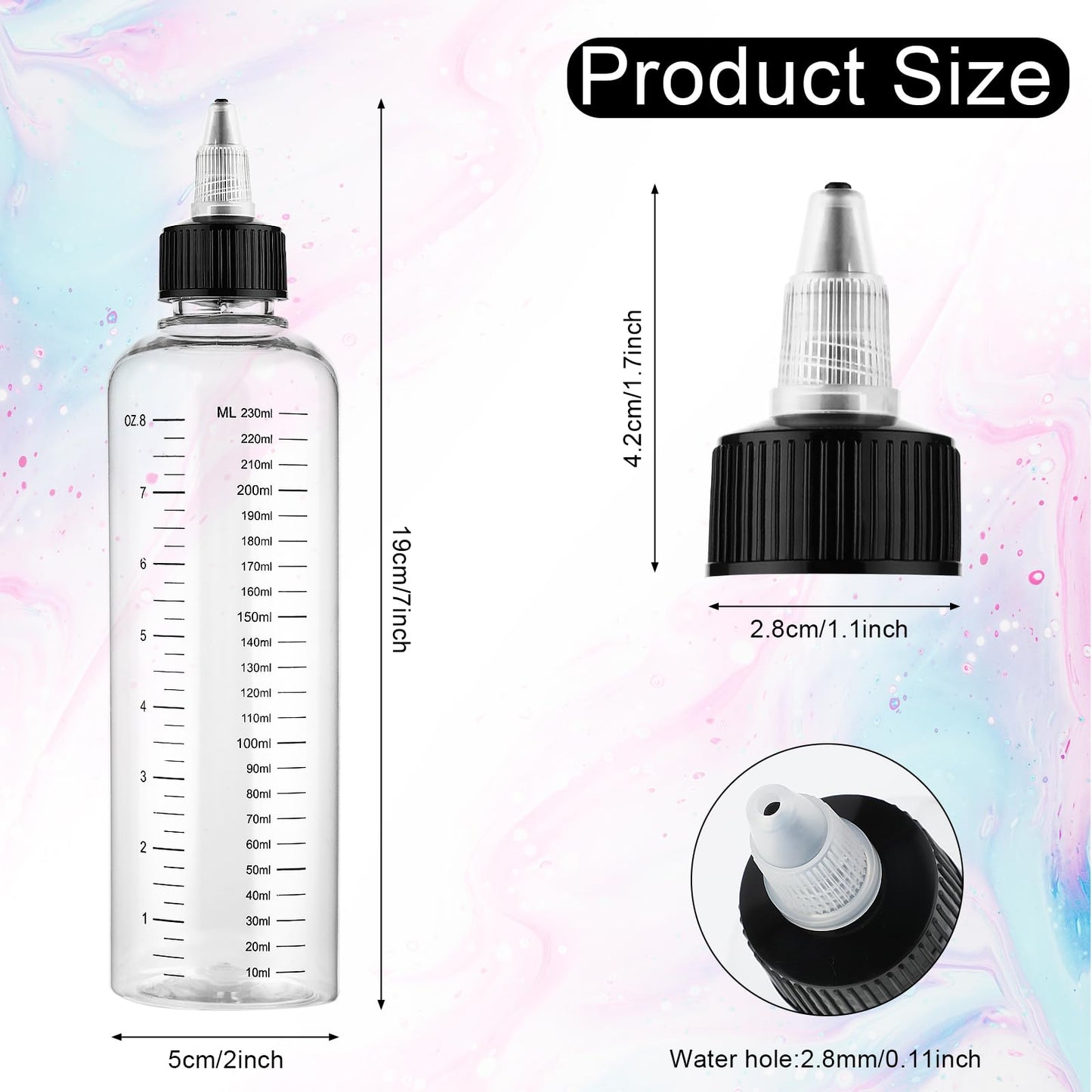 Two pack of soft squeeze empty oil dispensers displaying the dual measurement scale markings in ounces and milliliters.