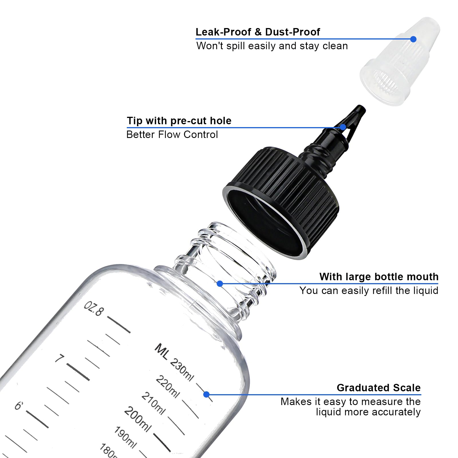 Close up view of the pointed mouth nozzle on the hair color applicator bottle for precise root placement.
