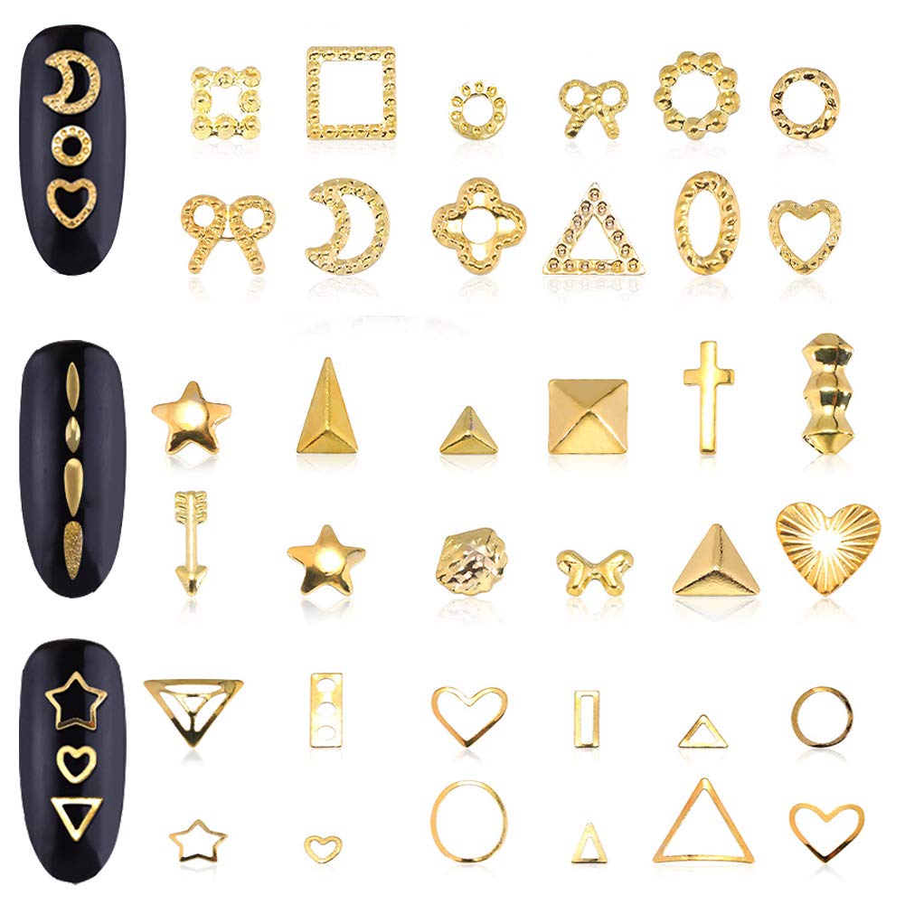 Assorted shapes of Beuniar micro caviar beads and geometric rivets on display