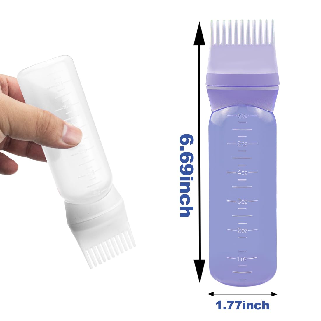 Six ounce hair oiling bottle with graduated measurement scale and hollow comb cap
